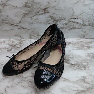 MARC FISHER JODI Leather Ballet Flats 9.5  Black Floral Lace Bow Coquette
